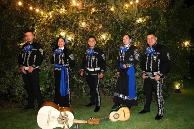 Mariachi con traje negro grupo completo foto nocturna profesional Bogotá
